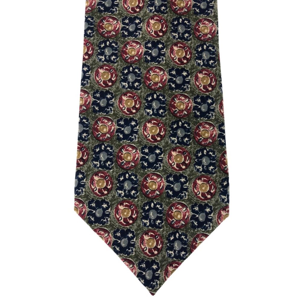 Bill Blass 100% Silk Mens Geometric Multicolor Tie Necktie Sage Green Red Blue